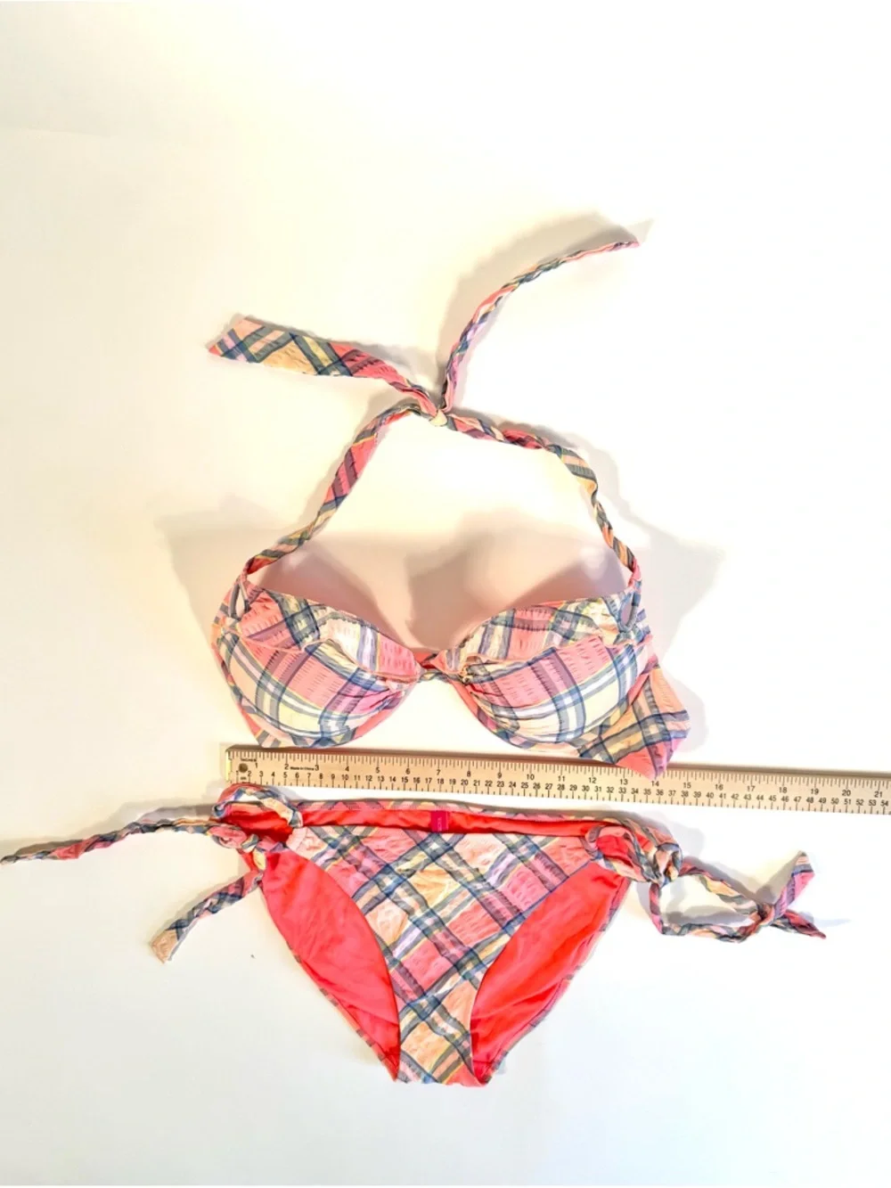 Victoria's Secret Seersucker Ruffled Push Up Bikini Set Plaid Pink Blue 36C LG - Picture 8 of 9